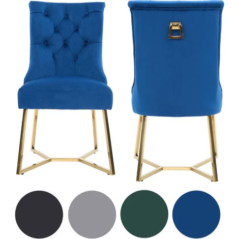 Set of 2 Blue Ambra Modern Velvet Dining Chairs with Gold Legs & Ring Handle - Tufted Back, Plush Foam Seat, Luxury Accent Chair (1/5)