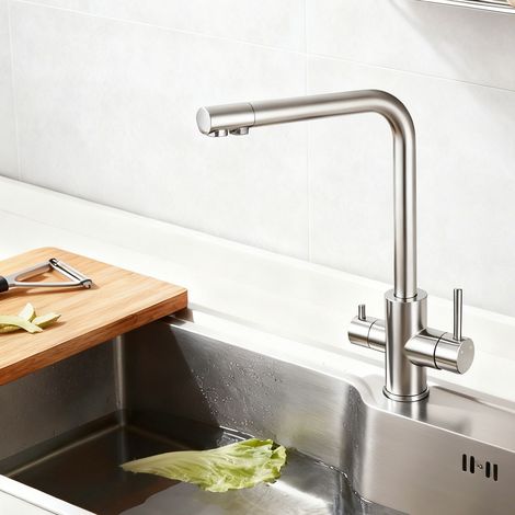 Ocean Sanitaire – Mitigeur de cuisine 3 voies – Filtre à eau potable – 2 leviers rotatif 360° – Acier inoxydable 304 – Installation facile double évier (1/4)