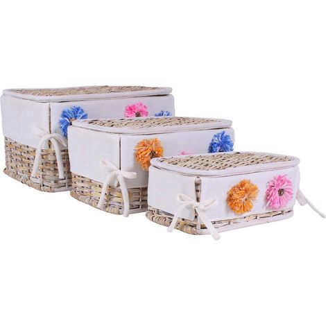 Scatola rattan rettangolare foderato ponpon, 38x29x22 cm
