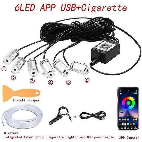 Éclairage d'ambiance intérieur LED néon pour voiture, bande fibre optique RGB 315 pouces, application USB, contrôle du son à distance, lampe décorative d'ambiance automatique pour véhicule (6 en 1, ap (1/5)