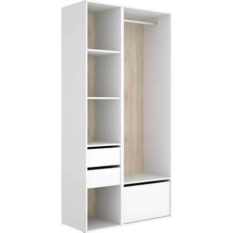 Armoire dressing ouverte avec fond réversible, 2 tiroirs, 4 étagères et porte-chaussures intégré, coloris blanc/naturel - Hauteur 205 x Longueur 99,5 x Profondeur 45 cm (1/5)