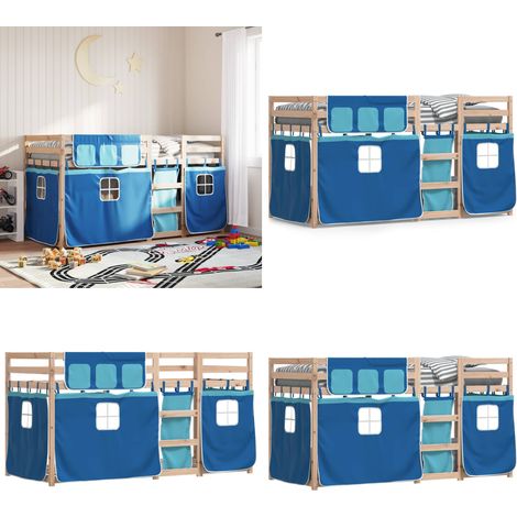 Letto a Castello senza Materasso Blu 80x200 cm Massello Pino - Letto a castello bambino - Letto a castello con tende