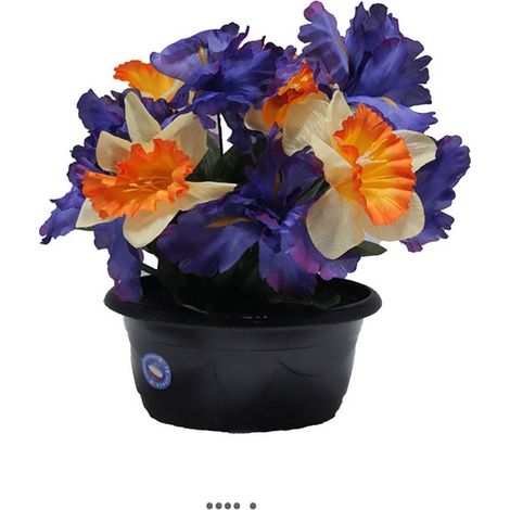 Fleurs artificielles cimetière mini jardinière ovale iris et jonquilles H31 cm L34 cm Pourpre-orange - couleur: Pourpre-orange