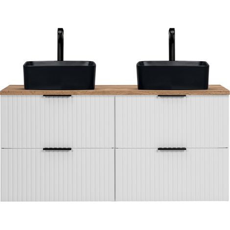 Waschtisch 120cm mit 2 schwarzen Aufsatzbecken, weiß mit Eiche Nb., Front gerillt, ADELAIDE-56-WHITE (1/5)