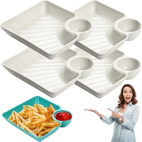 Ensemble 4 assiettes de service plastique blanc compartiment à sauce pour chips salsa raviolis sushis soupes et sandwichs (1/5)