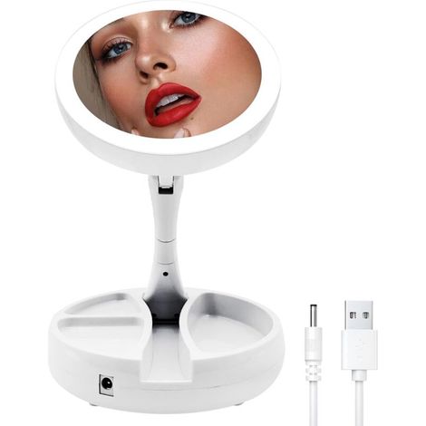 USB Beleuchteter Make-up-Spiegel mit Vergrößerung, 1-fach/10-fache Vergrößerung, LED-Lichter, doppelseitiger Kompaktspiegel mit Licht, Kosmetikspiegel mit Lichtern für Make-up-Schreibtisch und Reisen