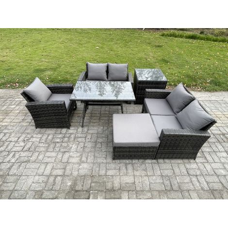Fimous 6 Seater Wicker PE Rattan Garden Dining Set Outdoor Furniture Sofa with Rectangular Dining Table Double Seat Sofa Big Footstool Side Table Dark Grey Mixed (1/5)
