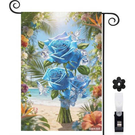 Bannière de cour papillons et roses bleues cristallines 30 x 45 cm décoration porche et maison (1/5)