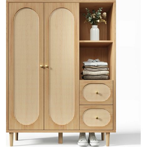 Kleiderschrank Landhausstil Eiche 161x120x44 cm Holz, 2 Türen, 2 Schubladen, offene Regale, mit Kleiderstange, ideal für Schlafzimmer und Flur, einfache Montage, zeitloser Design