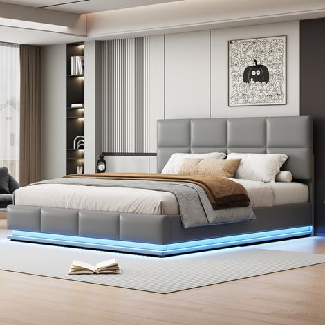 Letto 180x200 cm grigio cemento in PU con contenitore e LED (1/5)