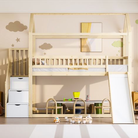 Lit superposé enfant 90 x 200 cm, lit mezzanine avec toboggan et échelle de rangement, structure avec barrière de sécurité, cadre de lit en bois massif, sommier à lattes, coloris bois (1/4)