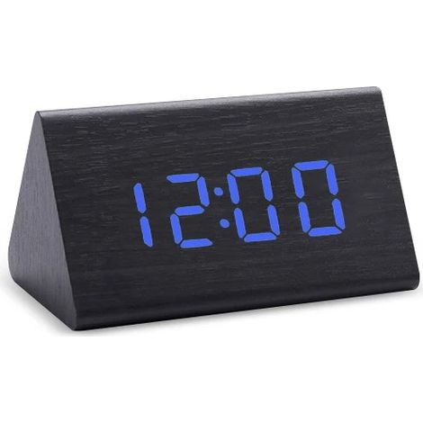 Réveil décoratif en bois bleu et noir, alimenté par USB, avec son intégré, pour la chambre, le bureau, la table de chevet et l'organisation quotidienne.-AquaForge (1/5)
