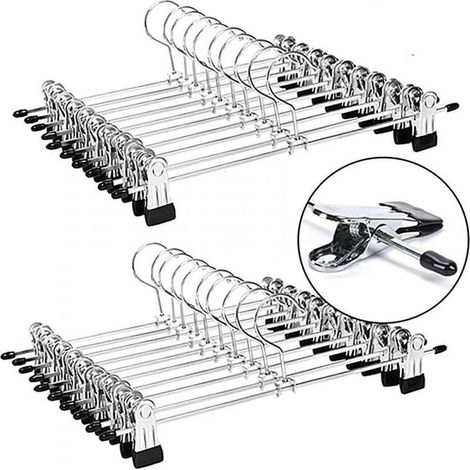 Lot de 20 cintres métal chromé 29cm avec 2 pinces amovibles, charge élevée pour pantalons (1/4)