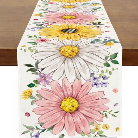 Camino de mesa, Camino de mesa de Pascua, Lino, comedor y fiestas, 33 x 183 cm, Margaritas amarillas, flores y hojas de lavanda (1/5)