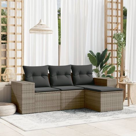 4-tlg. Garten-Sofagarnitur mit Kissen Grau Poly Rattan (1/3)