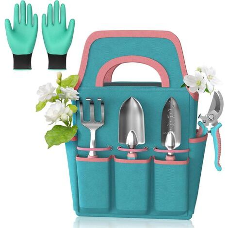 Kit d'outils de jardinage Gants de plantation, pelle, sécateur, râteau, outils à main pour le jardinage, avec sac de transport, pour pelouse, jardin, terrasse, balcon, serre, intérieur et extérieur (1/5)