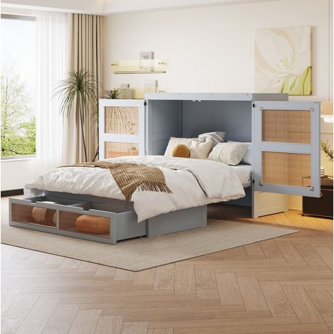 Letto pieghevole verticale adulti 140x200 cm con 2 cassetti portaoggetti, in legno, senza materasso, grigio (1/5)