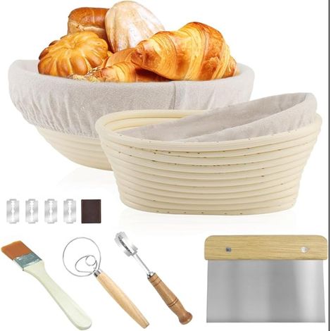 Corbeille a Pain Ronde 23 CM et Ovale 21CM Kit Patisserie avec Coussin en Lin Lavable und Grattoir Pate pour la Pâte à Pain au Levain et à la Levure
