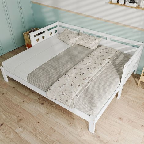 Tagesbett ausziehbar mit 2. Schlafgelegenheit, 90x190 auf 180x190 cm, Massivholz Kiefer, Gästebett in Herzform inklusive Rollrost, Weiß (1/5)