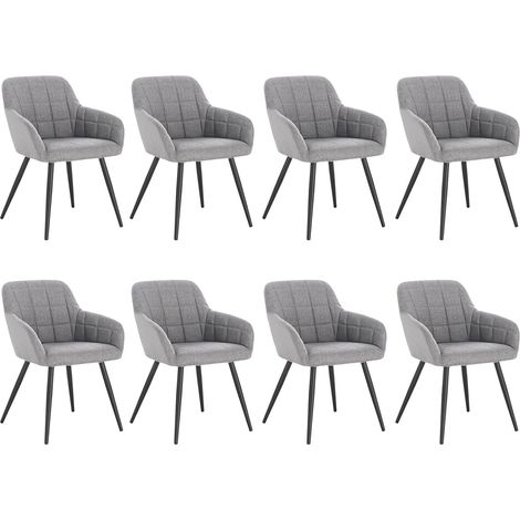 WOLTU Set di 8 sedie da pranzo, sedie da cucina, sedie da soggiorno in lino, gambe in metallo, grigio chiaro