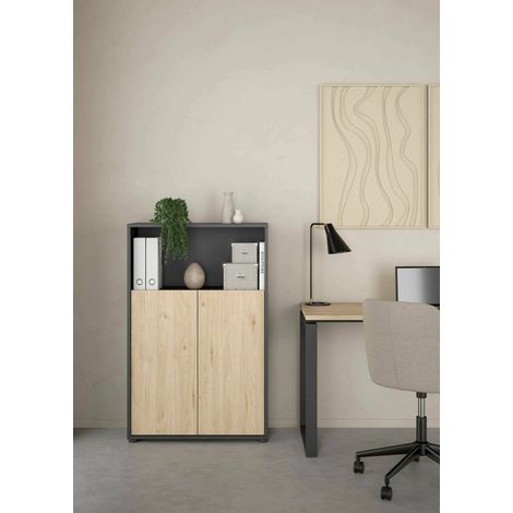Dmora - Aparador Perrine, Bufé de salón, Aparador de salón, Despensa de cocina, 80x34 h124 cm, Roble y Gris (1/5)