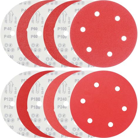 Disques de Ponçage Papier Abrasifs Ø 225 mm Grain 10 x P40/60/100/120/180/240 6 trous en rouge Papier de verre pour cloison sèche,ponceuses à long cou.Jeu de 60 Disques (1/5)