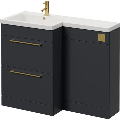 Napoli 460 Gloss Grey 1100mm 2 Drawer Vanity Unit Toilet Suite with Left Hand Square Lucia Basin - 1100mm - Brushed Brass 320mm HandleWithout Kingston Toilet Pan