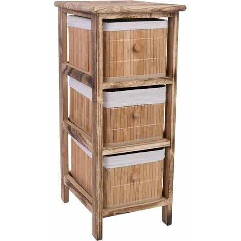 Cajonera marrón de madera con 3 cajones de bambú forrados 26x32x63 cm