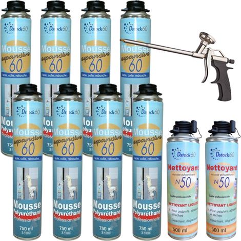 DSTOCK60- 8 mousses pistolables expansives 750ml + 1 pistolet + 2 nettoyants - Isole. colle. rebouche - Extérieur & Intérieur
