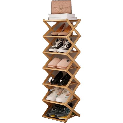 Rangement à chaussures, 7 niveaux, design gain de place, Couleur bois naturel (1/2)