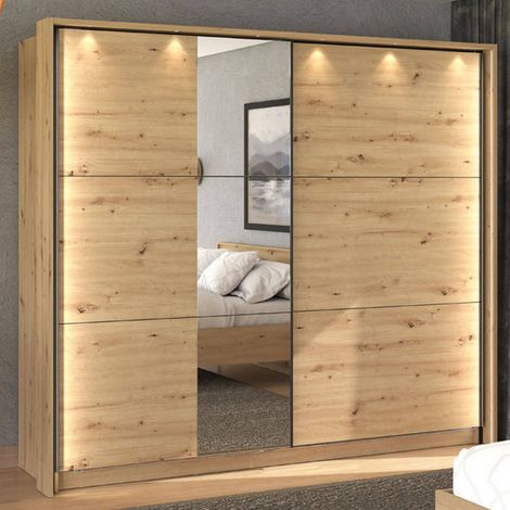 Großer Kleiderschrank, Schlafzimmer-Schrank mit Kleiderstange, 8 Regale, Schiebetüren, 236,5x210h cm Eiche Natur (1/5)