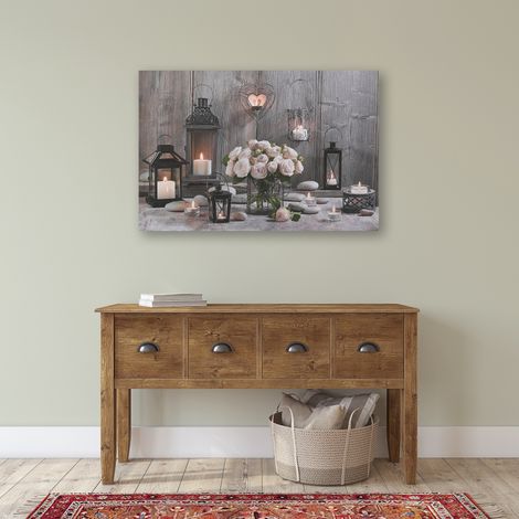 Toile à LED Cosy Cottage 60 x 90cm – Toile tendue sur MDF – Lampes LED avec interrupteur – Décoration murale gris beige – Art For The Home