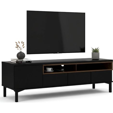 Dmora - Fernsehschrank Rosata, Ständer für Wohnzimmerfernseher, Niedriges Wohnzimmer-Sideboard, TV-Ständerbasis, 156x48 h48 cm, Schwarz und Walnuss