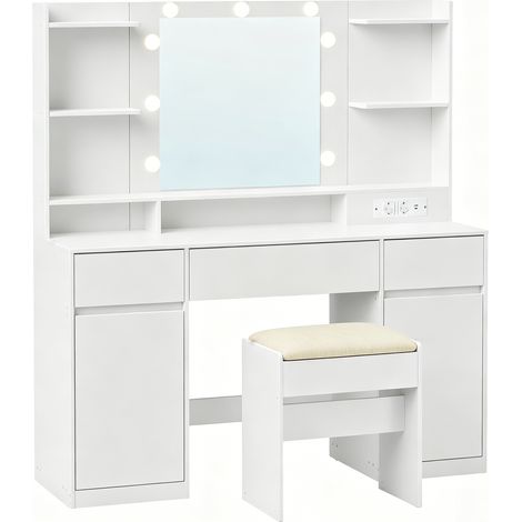Coiffeuse avec tabouret, miroir LED, 3 tiroirs et 2 portes, multiprise, blanc