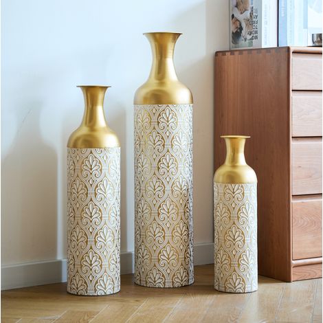 Jarrón de suelo de 3 piezas en metal, 50/66/83 cm, dorado y blanco DESVIAE (1/5)