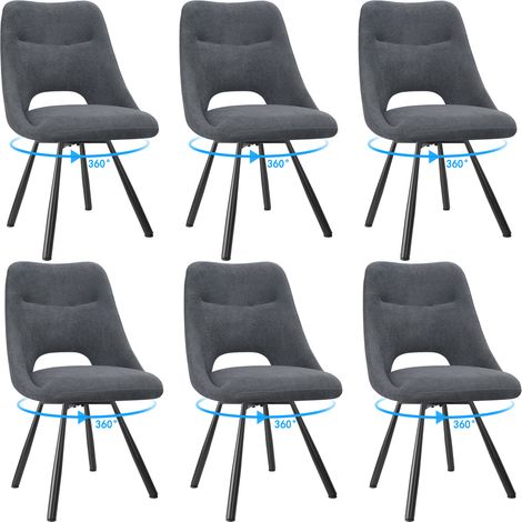 LEWE Lot de 6 Chaises de Salle à Manger, Chaise de Cuisine Pivotante à 360°, Capitonnée Chaise Salon avec Pieds en Métal, Gris foncé