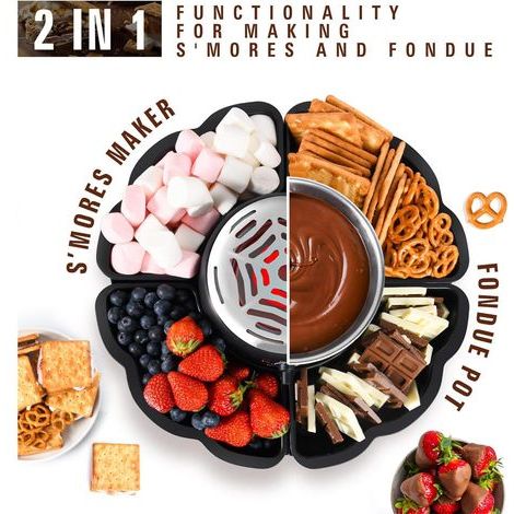 Set 2 in 1 per S'mores e fonduta, kit per S'mores da interno da banco, tostatrice per marshmallow con controllo della temperatura, 4 vassoi rimovibili, 4 forchette per arrostire e 1 ciotola scaldaviva (1/5)