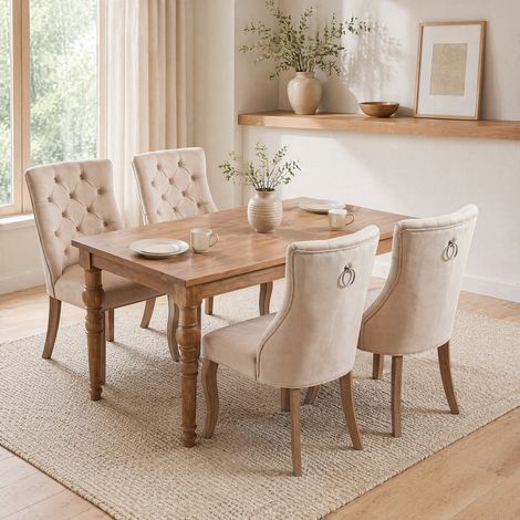 Set da 4 sedie da pranzo in velluto beige con schienale alto imbottito, capitonné e gambe in legno di gomma, stile moderno per soggiorno e cucina CHICFURN (1/5)