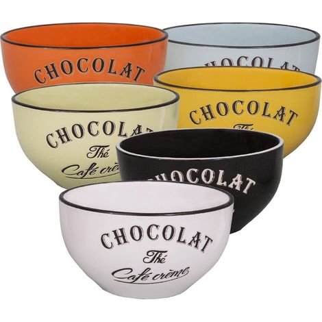 Ensemble de 6 bols en grès colorés 07x14 cm – Compatible lave-vaisselle – Décoration vintage années 60 – Inscription chocolat thé café crème – Antic Line Créations (1/4)
