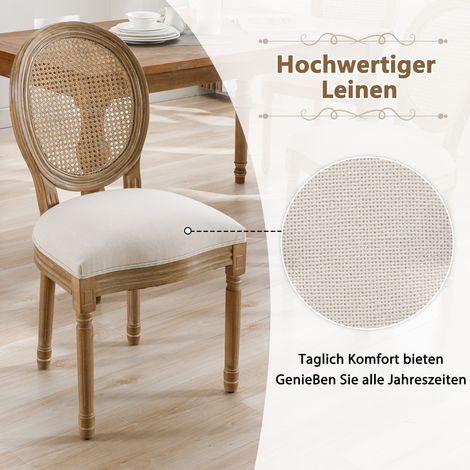 Esszimmerstühle 6er-Set mit Rattan-Rückenlehne und Leinenbezug Holzbeine creme MODENUIT (1/2)