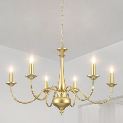 Lustre doré à 6 ampoules - Moderne - Lampe de salon suspendue - Culot E14 - En métal - Vintage - Pour salle à manger, chambre à coucher, cuisine, couloir (1/5)