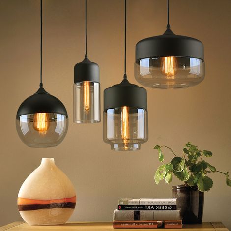 Wottes – Lot de 4 lampes suspendues industrielles rétro – Abat-jour en verre noir et ambre – Hauteur réglable 100cm – Douille E27