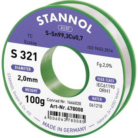Stannol S321 2,0% 2,0MM SN99,3CU0,7 CD 100G Stagno senza piombo senza piombo, Bobina Sn99,3Cu0,7 ORH1 100 g 2 mm