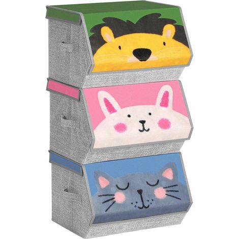 Cajas de almacenamiento para niños lote de 3 organizadores apilables plegables asas tapa magnética para habitación de niños sala de juegos rosa azul verde y gris 120002266 (1/4)
