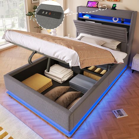 Lit design 90x200 cm avec sommier à relevage hydraulique, coffre de rangement intégré, éclairage LED, chargeur USB-C, commande par télécommande et application, couleur lin gris, sans matelas (1/4)