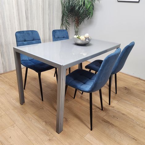 Dining Table and 4 Blue Velvet Chairs Grey Glass Table 4 Velvet Chairs Dining Room Furniture (1/5)