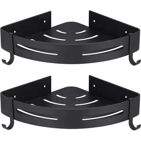 Support de douche d'angle sans perçage, lot de 2, avec crochets, noir, rangement de salle de bain, accessoires de salle de bain, porte-savon, support de douche, sans perçage