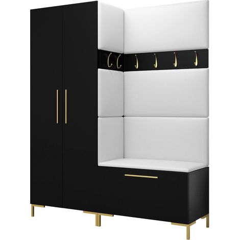 Meuble d'entrée Nomal I, Noir, 196x158x44cm, Stratifié, Faux cuir, Murale, À poser