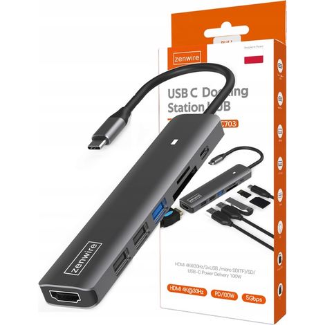 Adattatore HUB USB-C 7 in 1 HDMI 4K USB 3.0 SD PD compatibile con Macbook M1 M2 M3 LED Zenwire BS-HC703 (1/5)