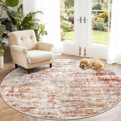 Tapis Rond Salon Lavable Antidérapant, Rouille-Beige, Ø140 cm (1/5)